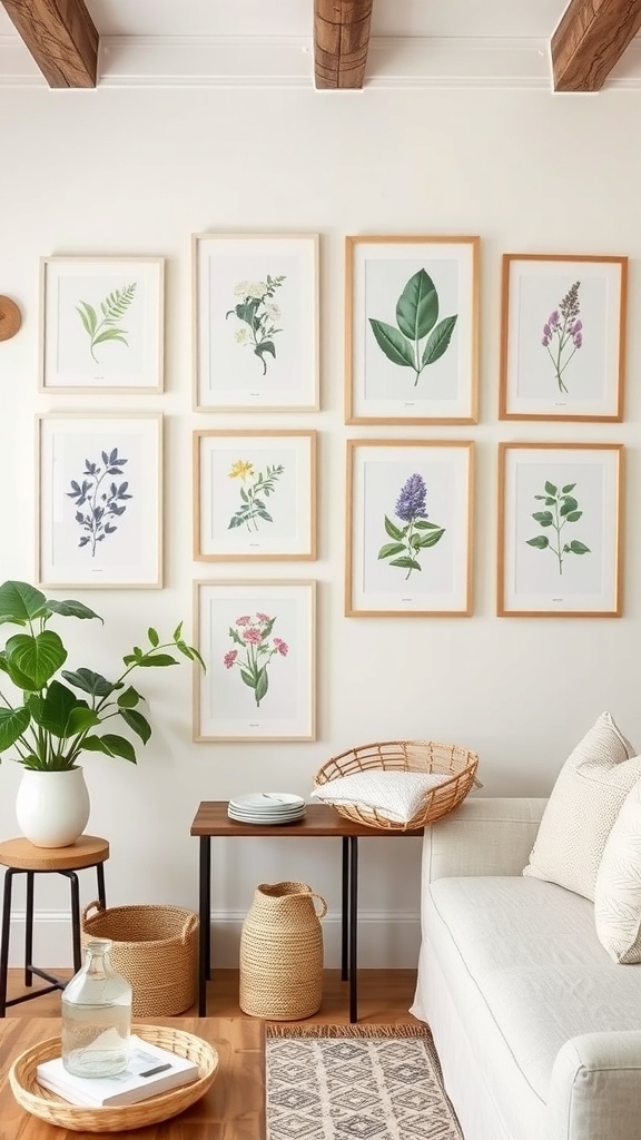 A collection of framed botanical prints on a wall with plants in the foreground.