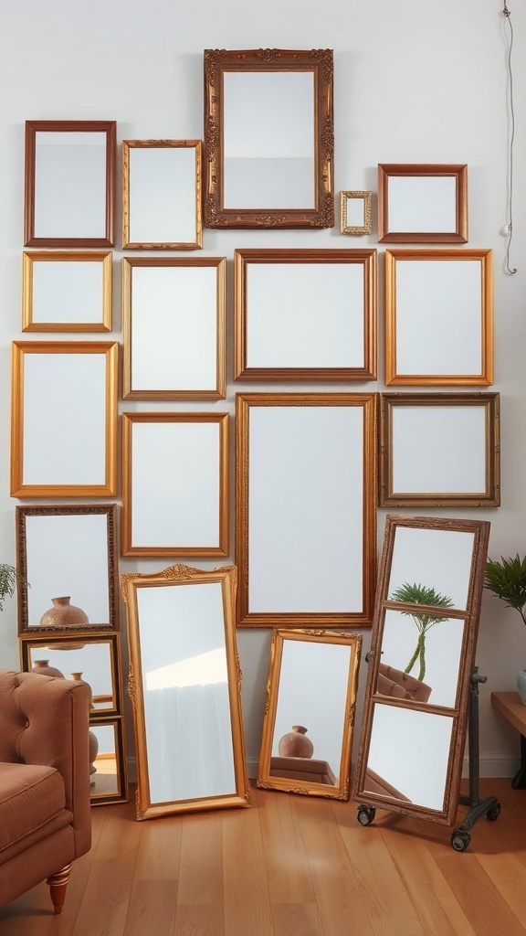 A collection of framed mirrors in various sizes and styles arranged on a wall, enhancing the living room decor.