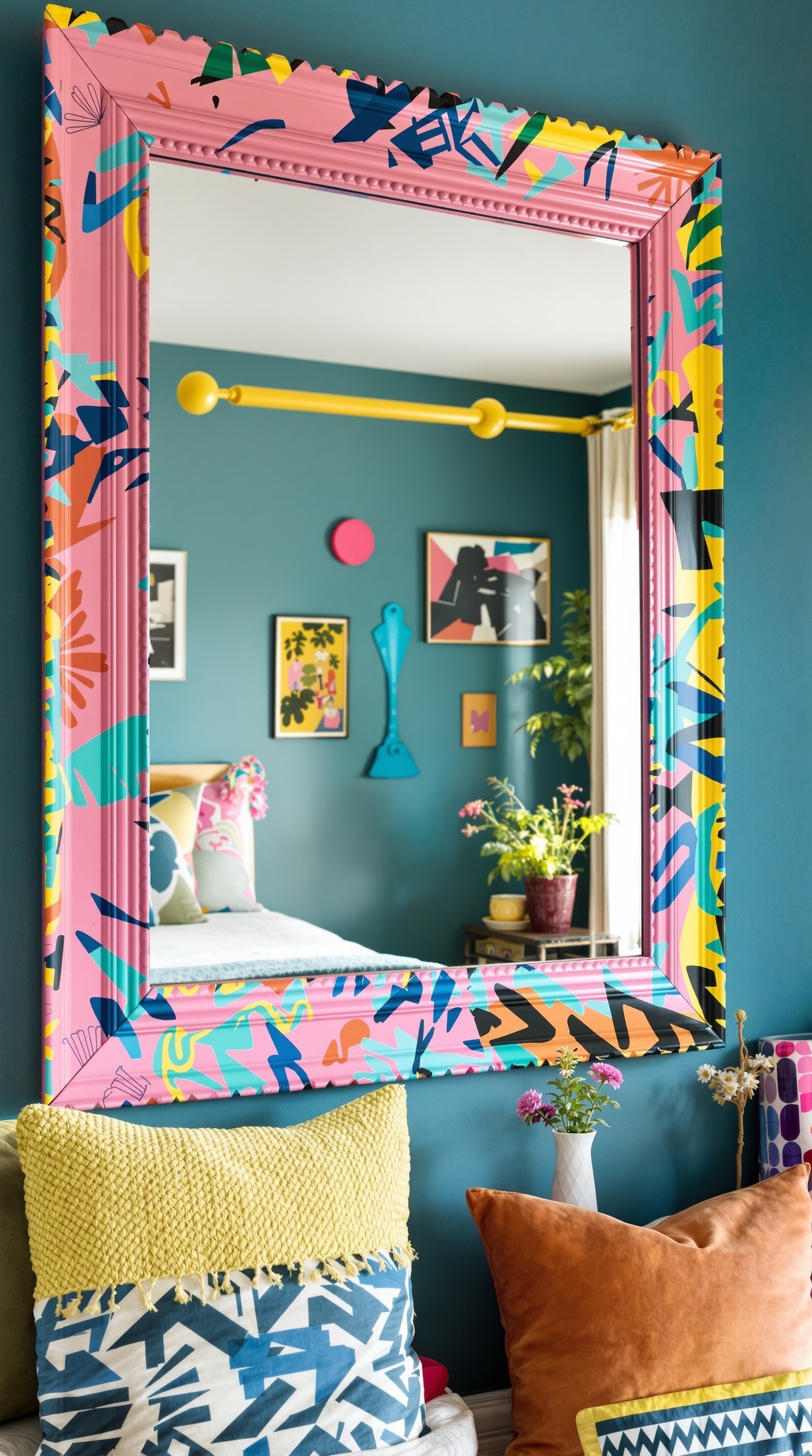 A colorful framed mirror on a pink wall in a cozy bedroom setting.