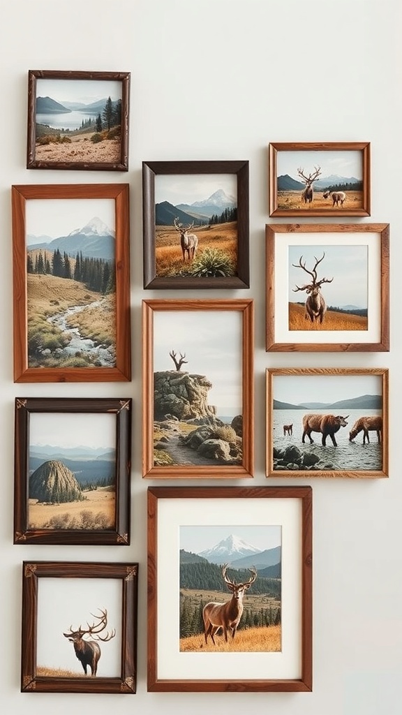 A collection of framed nature photographs on a wall, showcasing landscapes and wildlife.