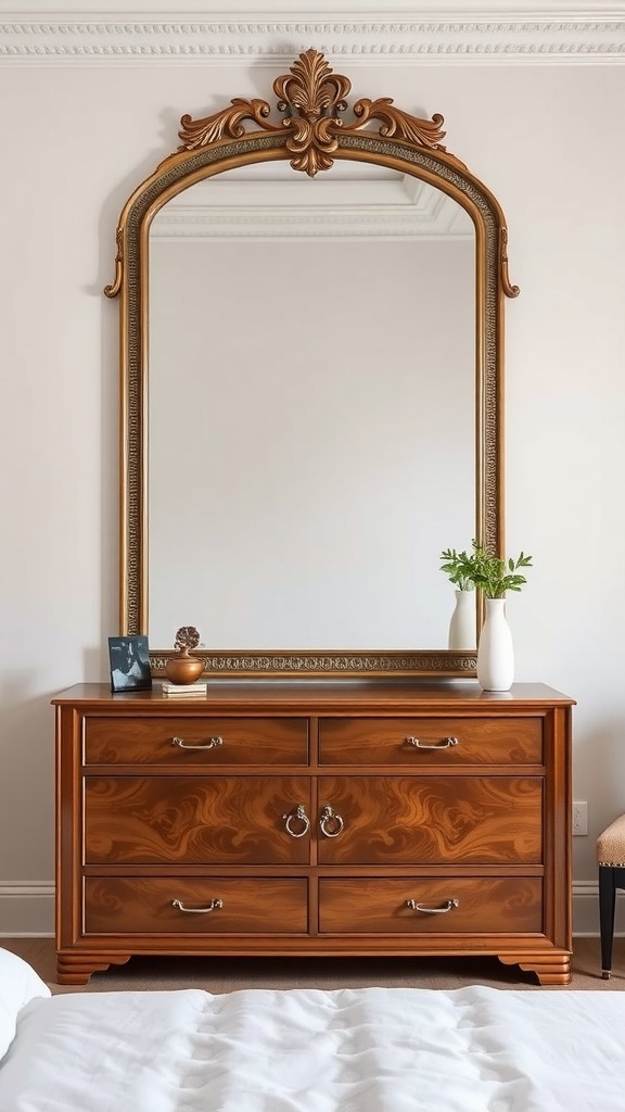 A large, ornate framed mirror above a wooden dresser in a bedroom setting.
