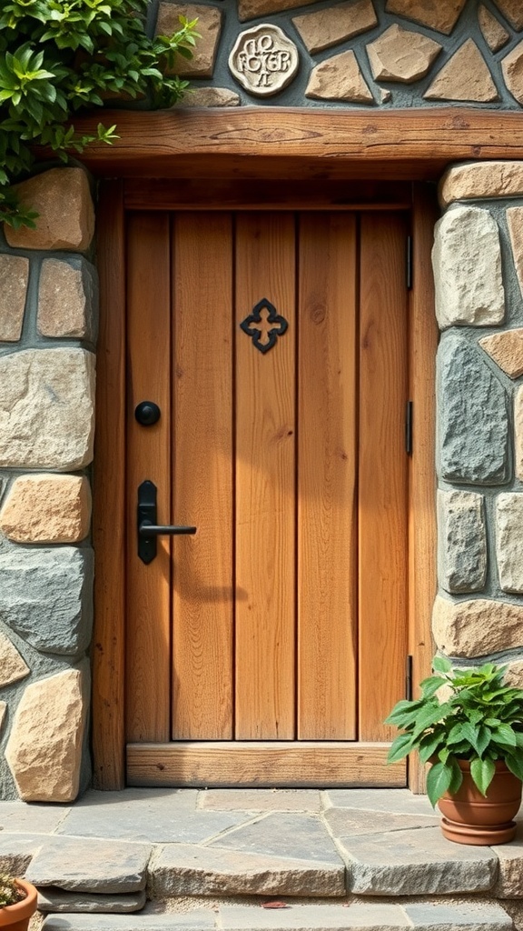 A rustic wooden front door framed by stone and greenery.