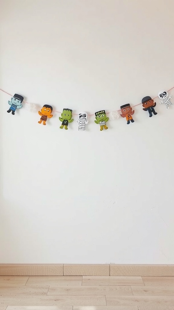 A colorful Halloween garland featuring Frankenstein and mummy characters.