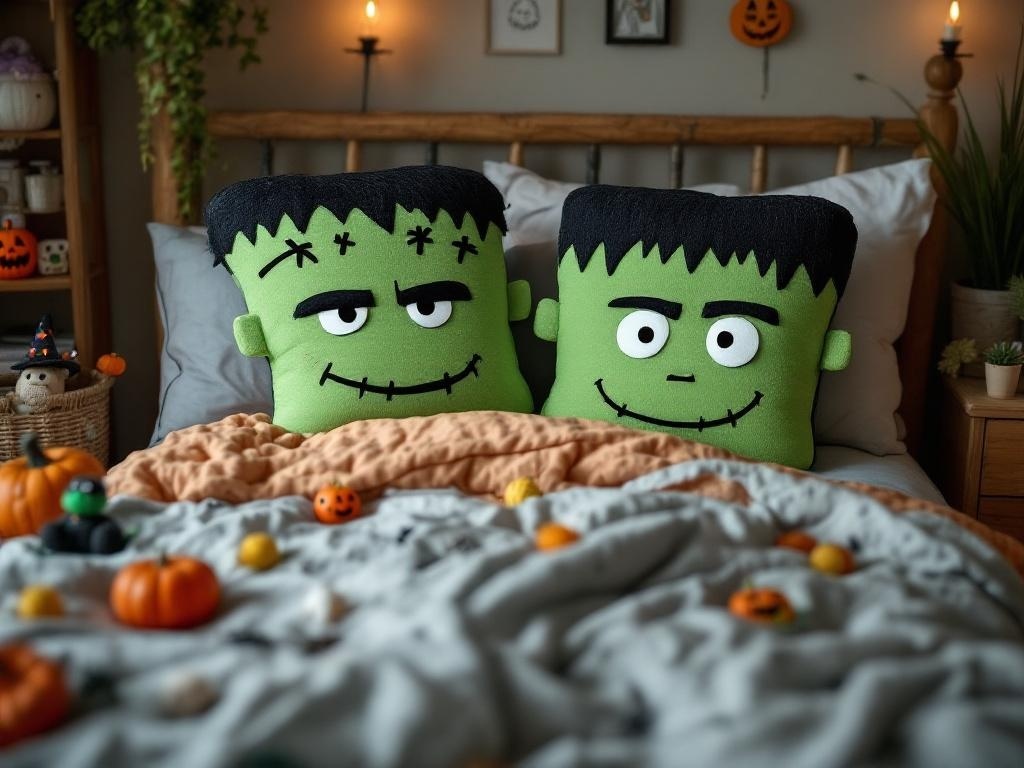 Two Frankenstein monster pillows on a bed with Halloween decorations