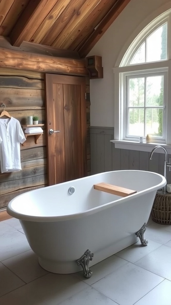 A modern farmhouse bathroom featuring a freestanding white bathtub, wooden wall, and stylish chandelier.