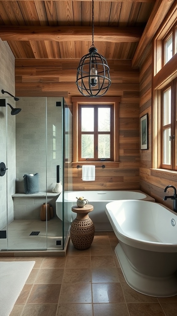 Rustic bathroom featuring a freestanding bathtub and walk-in shower.