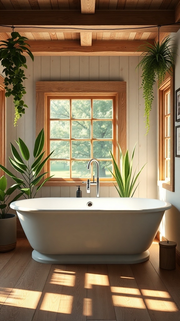 A bright rustic farmhouse bathroom featuring a freestanding bathtub surrounded by plants and natural light.