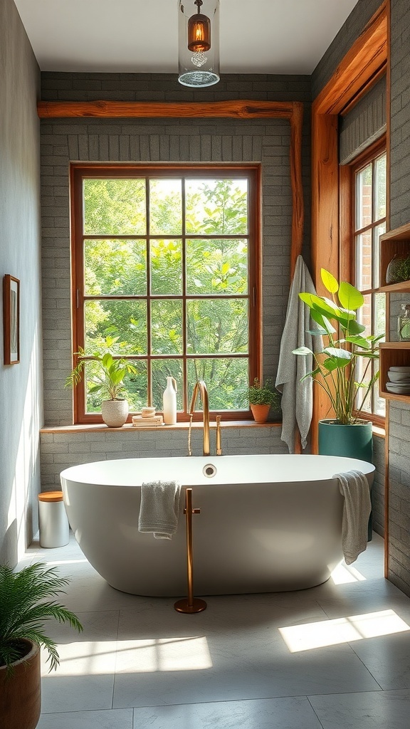 A freestanding bathtub in a rustic modern bathroom with large windows and natural light.