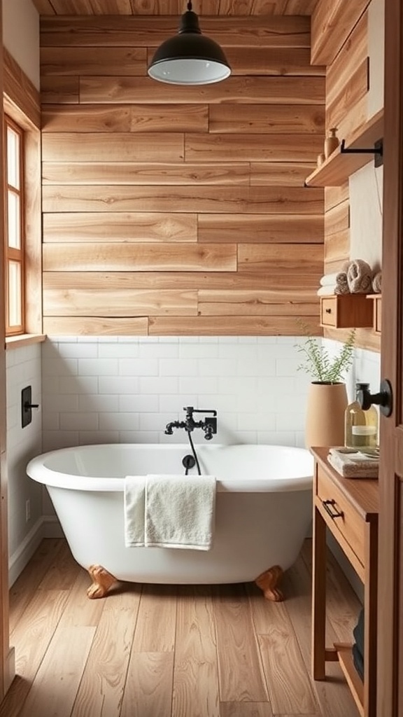 A rustic small bathroom featuring a freestanding bathtub, wooden walls, and natural decor.