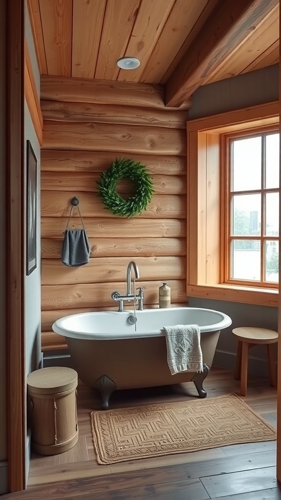 A cozy rustic bathroom featuring a freestanding bathtub surrounded by wooden walls and natural decor.