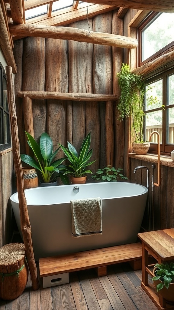A rustic bathroom featuring a freestanding bathtub, wooden walls, and plants.