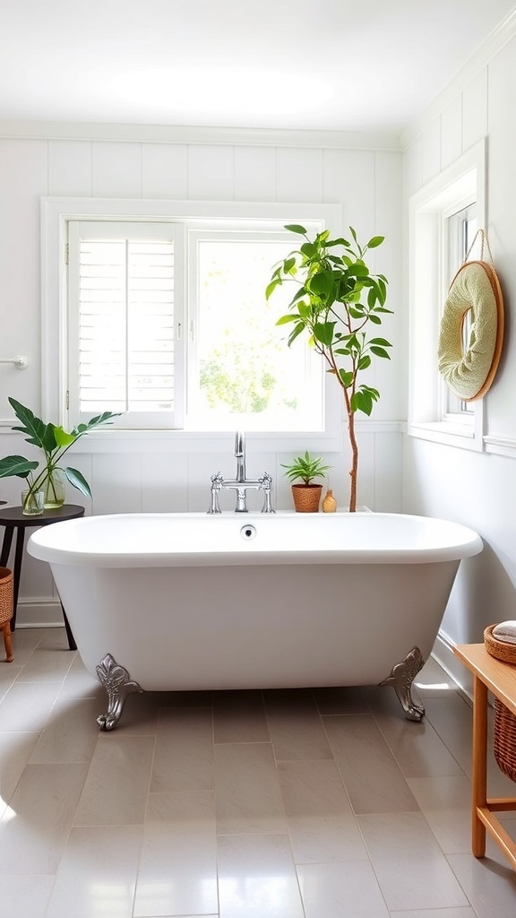 A bright modern farmhouse bathroom featuring a freestanding bathtub, plants, and natural light.
