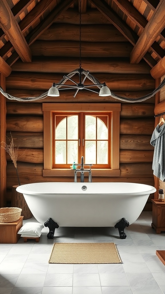 A rustic bathroom featuring a freestanding bathtub, wooden walls, and natural light.