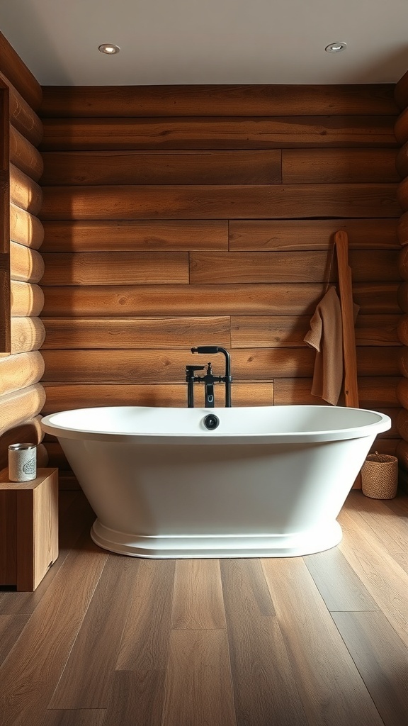 A rustic bathroom featuring a freestanding bathtub with wooden walls and flooring.