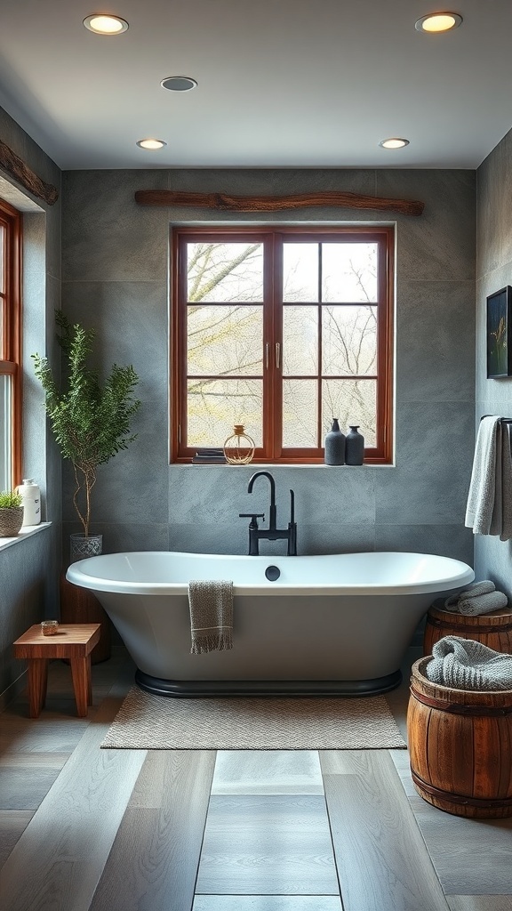 A modern rustic bathroom featuring a freestanding bathtub, wooden accents, and natural light.