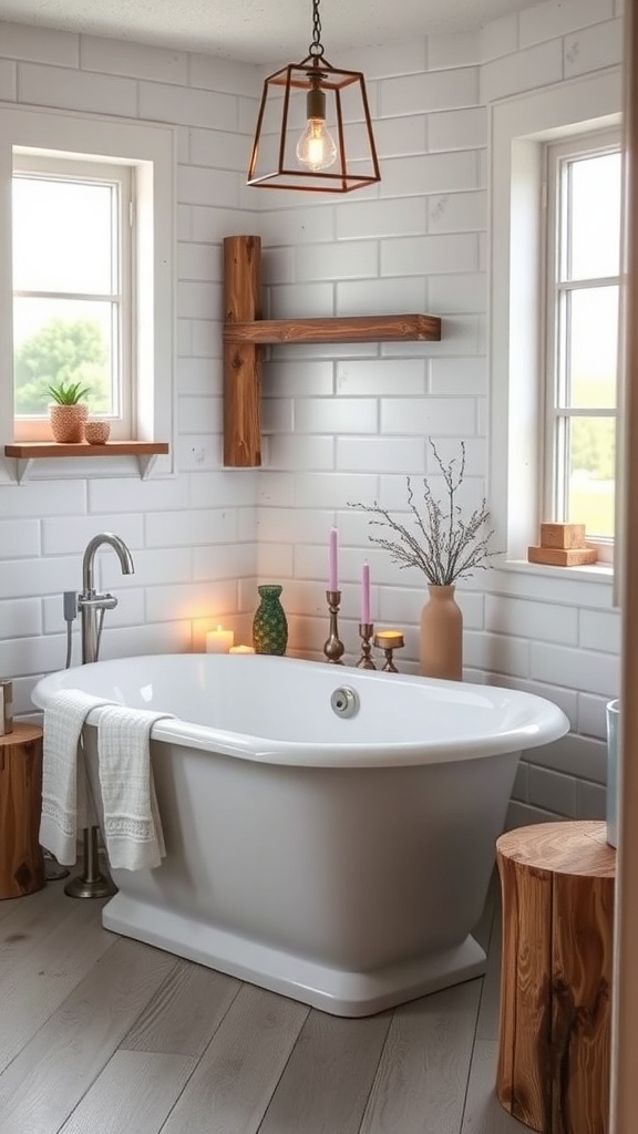A small rustic bathroom featuring a freestanding bathtub, wooden accents, and soft lighting.