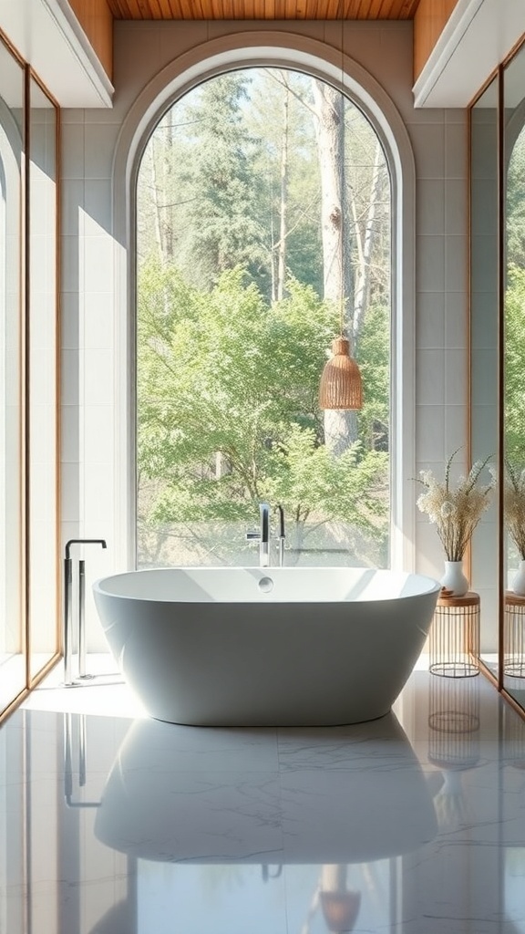 A modern freestanding bathtub in a bright bathroom with large windows and greenery outside.