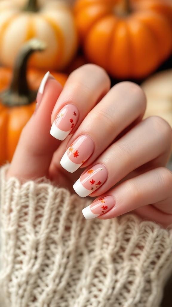 French tip nails with leaf motifs, featuring warm colors, set against a backdrop of pumpkins.