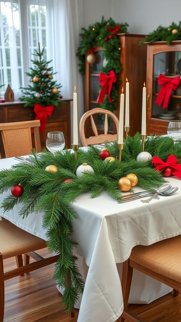 A beautifully decorated Christmas table featuring fresh evergreen garlands, candles, and festive ornaments.