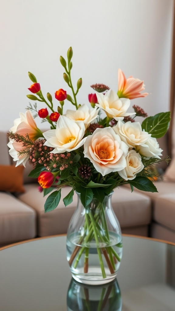 A beautiful floral arrangement featuring white and peach flowers in a clear vase.