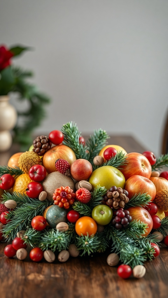 A festive arrangement of fresh fruits and nuts surrounded by greenery.
