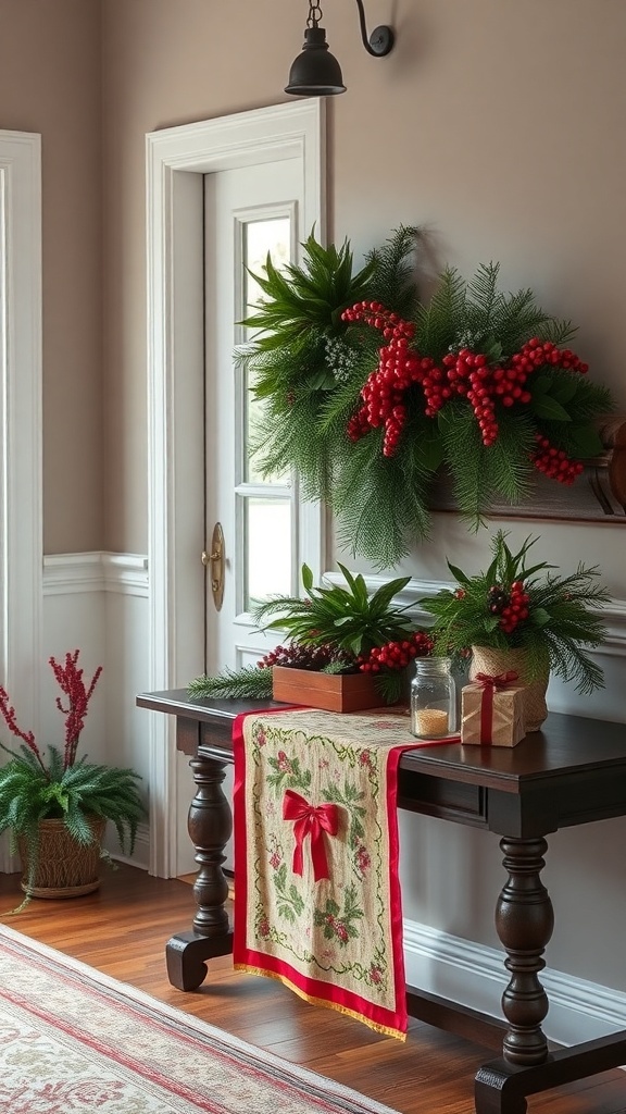Entryway table decorated with fresh greenery and red berries for Christmas.