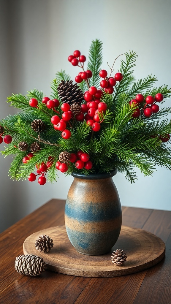 A vase filled with fresh greenery, red berries, and pinecones on a wooden surface.