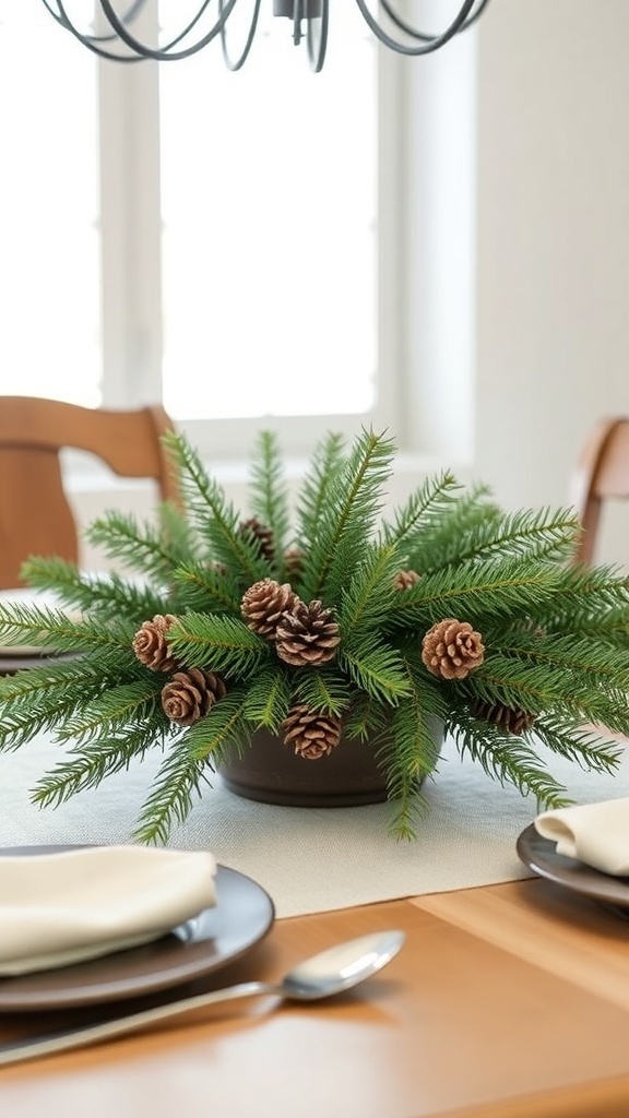 A simple centerpiece with fresh greenery and pine cones on a dining table.