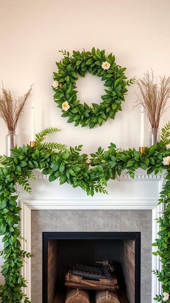A mantel decorated with fresh greenery, including a wreath and garland, complemented by candles.