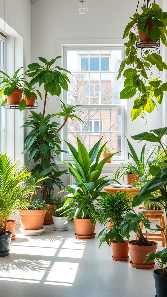 Indoor plants in pots near a window, creating a lively atmosphere.