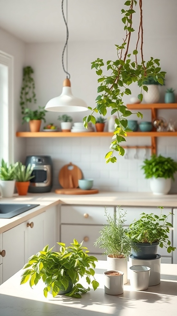 A bright kitchen with various potted plants on the counter and hanging greenery.
