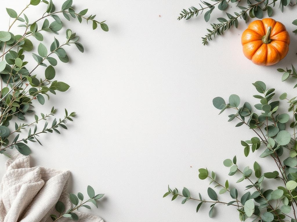 A neutral Thanksgiving table setting with fresh greenery and a small pumpkin.