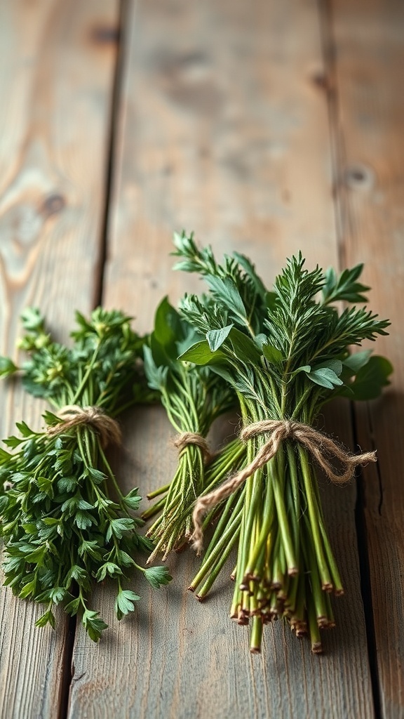 Bundles of fresh herbs tied with twine on a wooden table.