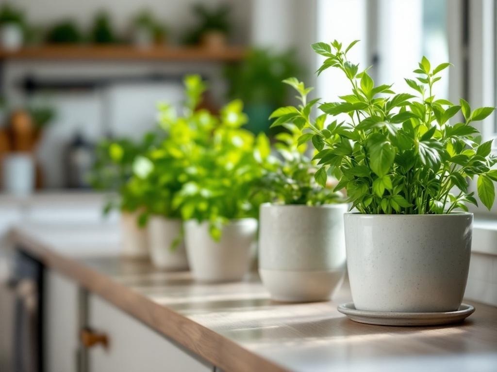 A row of fresh herbs in white pots on a kitchen counter