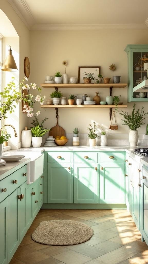 A kitchen featuring mint green cabinets, cream walls, and natural decor elements.