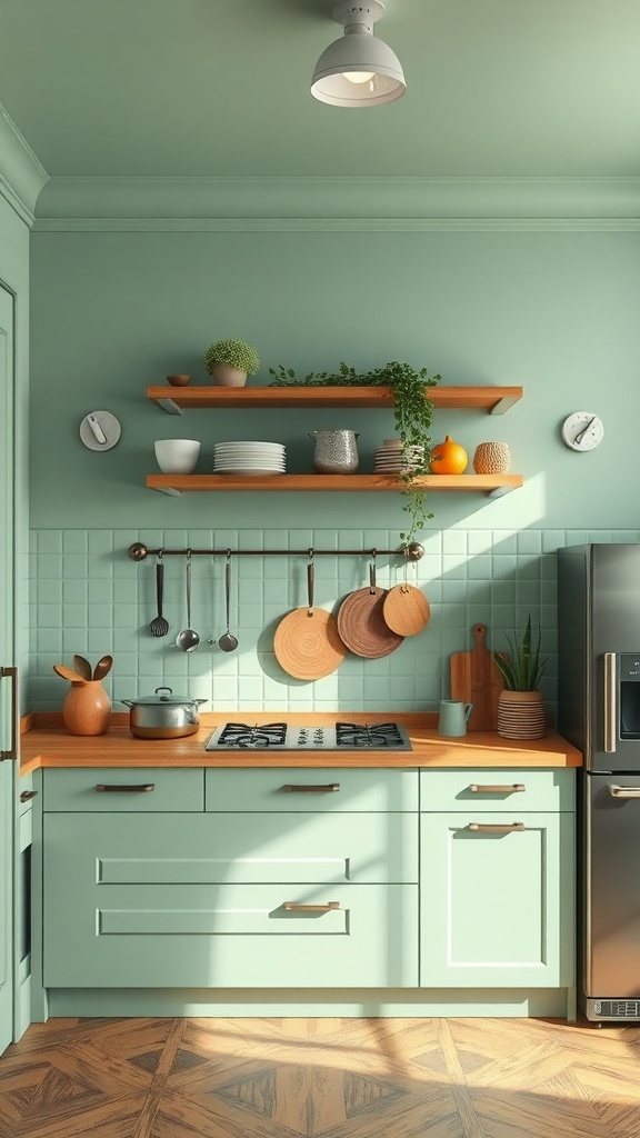 A mint green kitchen with wooden shelves, utensils, and a cozy atmosphere.