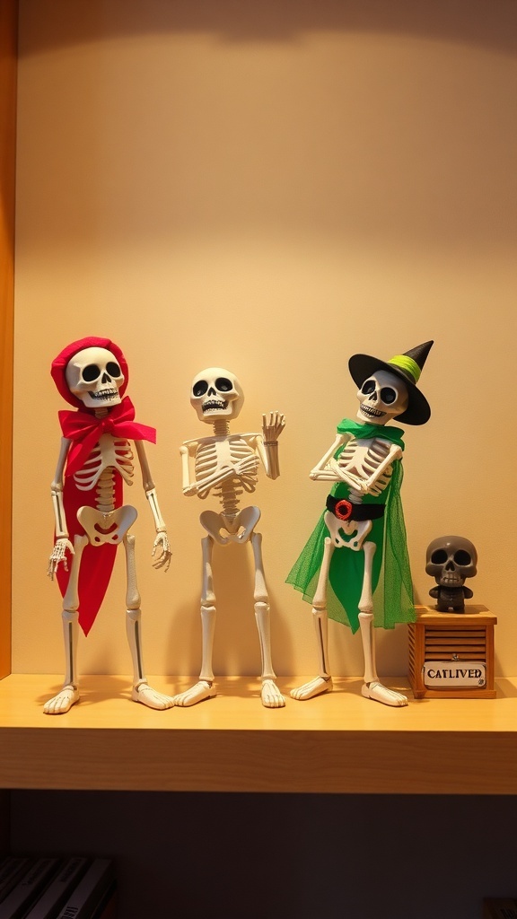 Three friendly skeleton figurines dressed in colorful accessories, standing on a shelf.