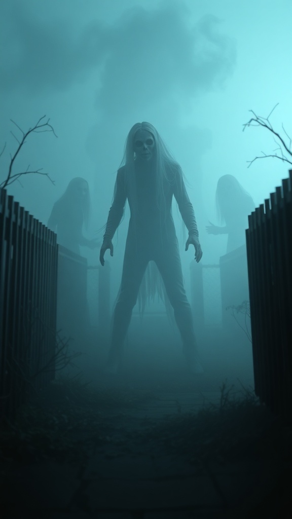 A spooky scene featuring animatronic figures in a foggy setting, creating a haunting atmosphere for Halloween.