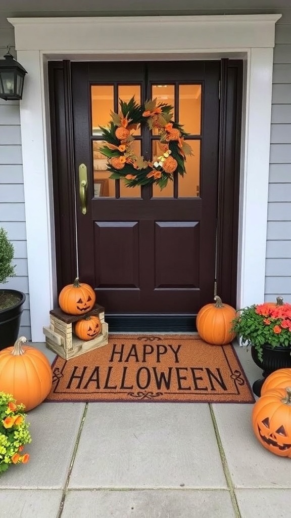 Halloween door decor featuring two doormats with 'HAPPY HALLOWEEN' text, pumpkins, and a wreath.