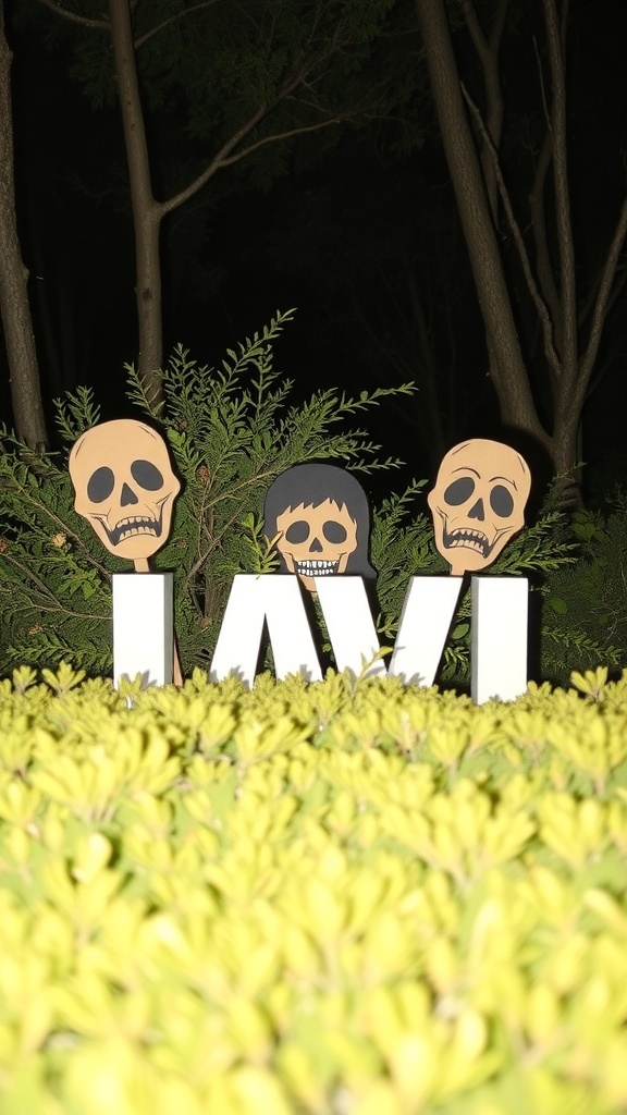 Three skull face cutouts in a front yard, surrounded by greenery