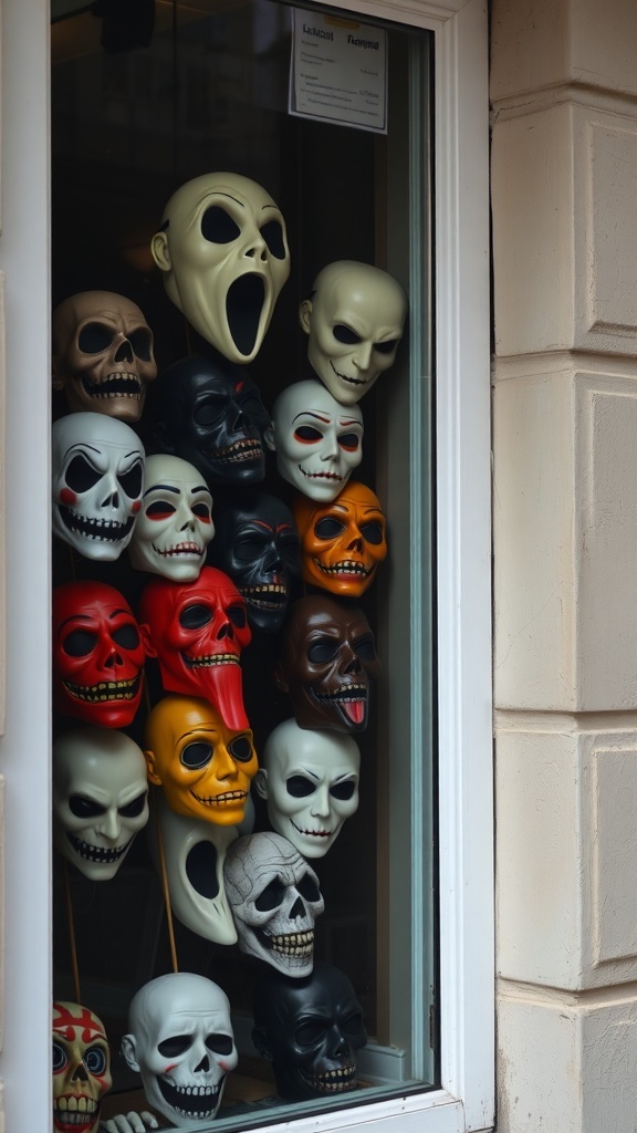 A window display featuring various frightening face masks in different colors and designs.
