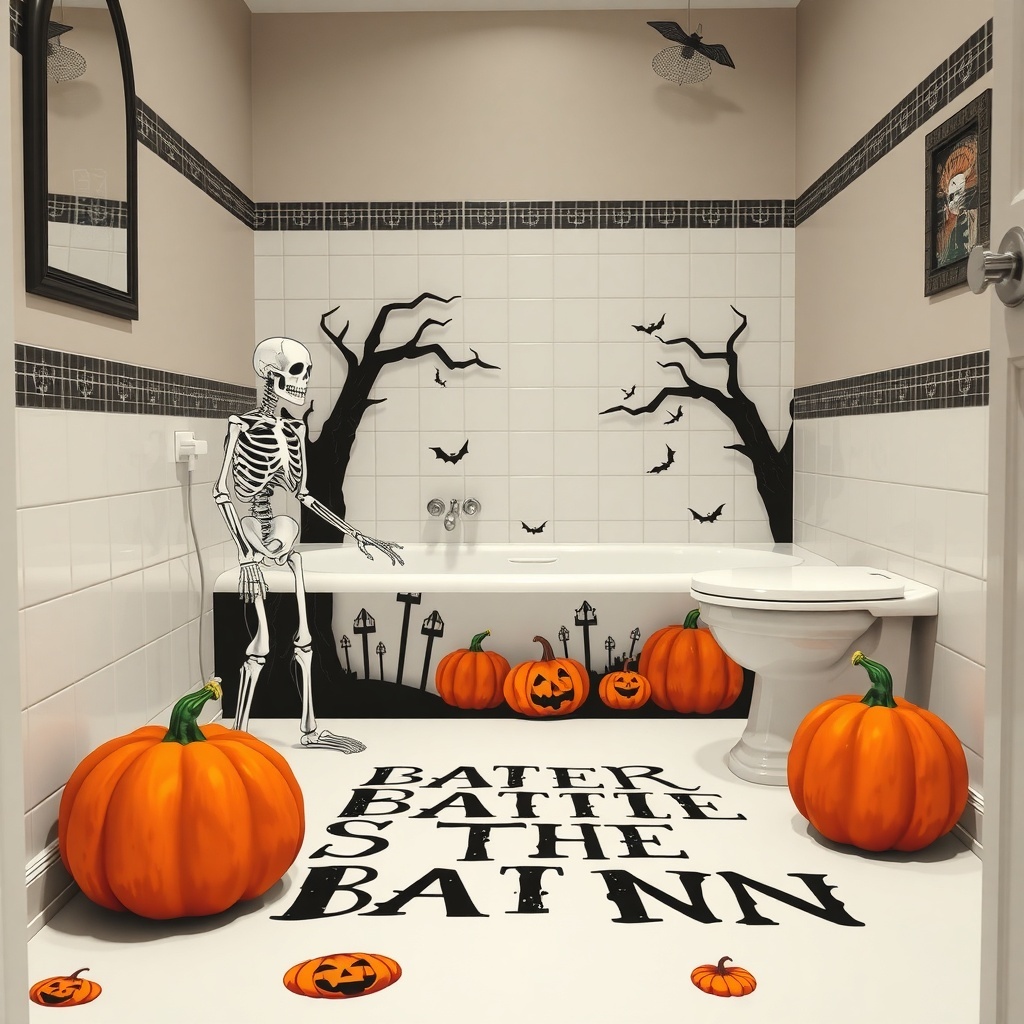 Halloween themed bathroom with skeleton, pumpkins, and spooky floor decals