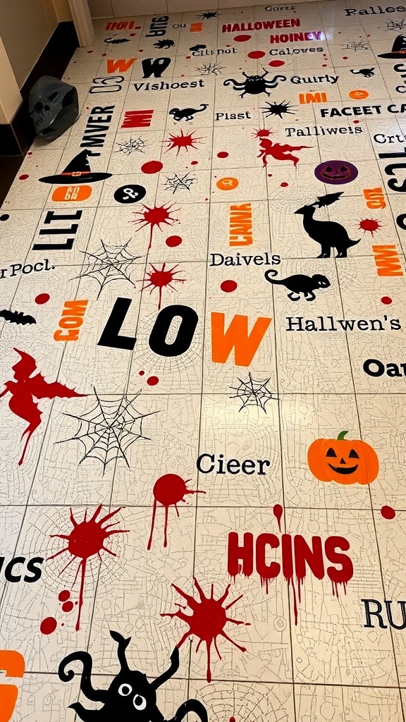 A Halloween-themed floor with colorful decorations including pumpkins, spiders, and splatters of red.