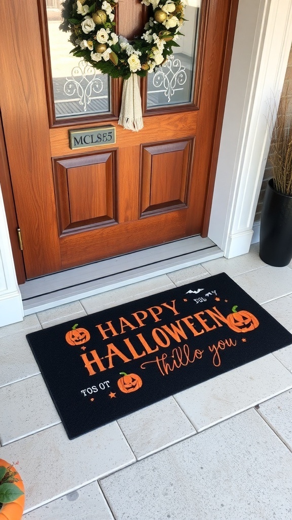 A Halloween-themed floor mat with playful text and illustrations, placed at a front door with a pumpkin and a black cat decoration.