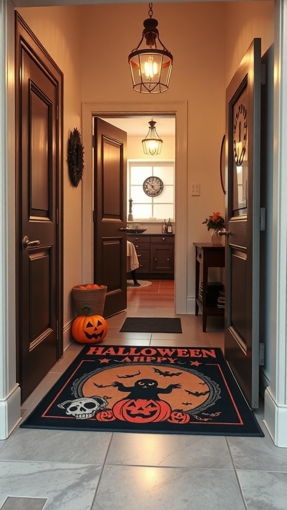 A Halloween-themed floor mat with a pumpkin, black cat, and spooky designs, welcoming guests with the message 'HAPPY HALLOWEEN.'