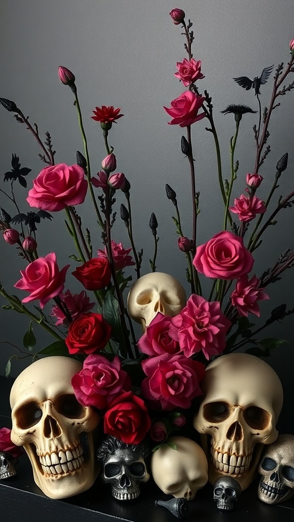 A floral arrangement featuring pink roses and skulls, creating a spooky Halloween vibe.
