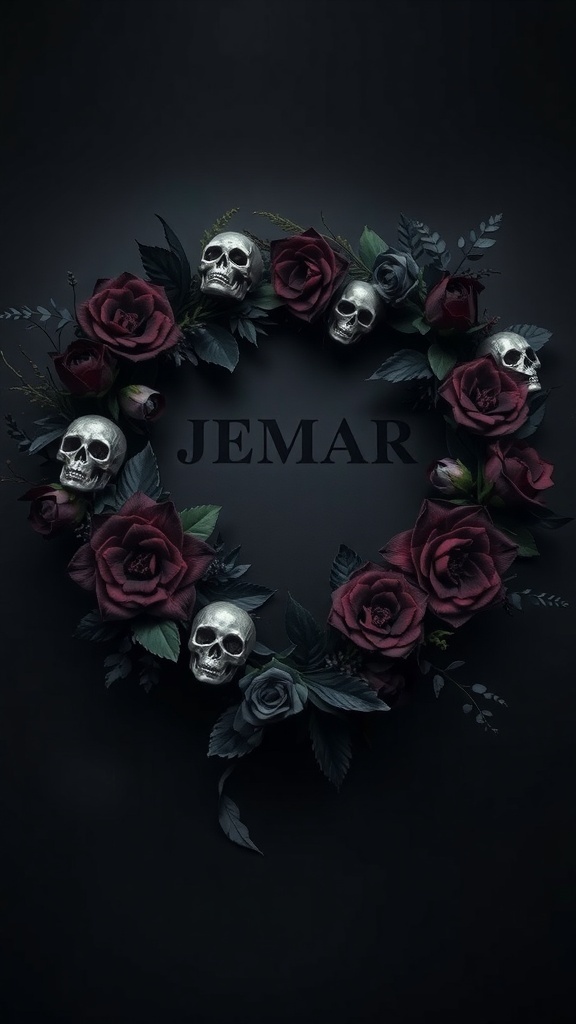 A Halloween wreath featuring red roses and skulls on a dark background.