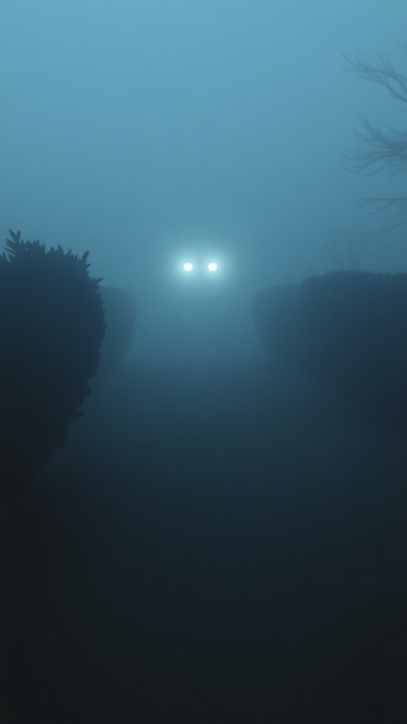 A foggy path with headlights glowing in the distance, surrounded by dark hedges.