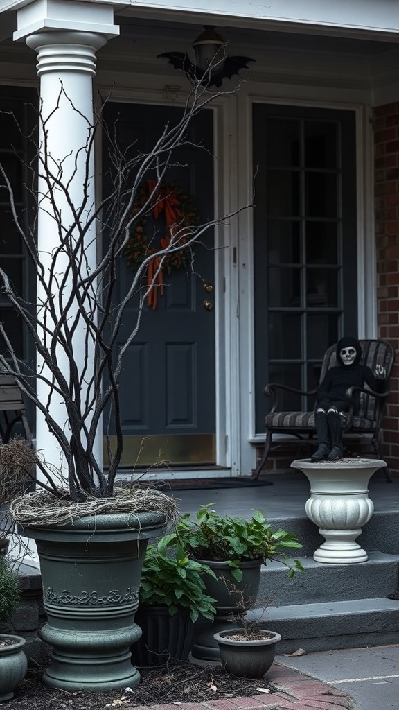 A front porch decorated for Halloween with bare branches, potted plants, and spooky accents.
