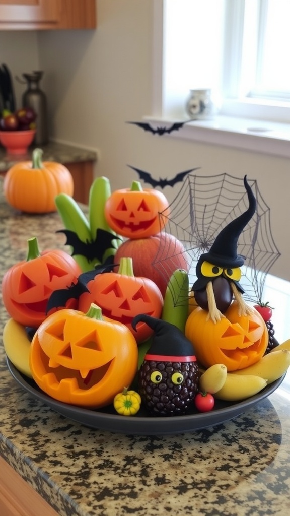 A colorful Halloween fruit display featuring carved pumpkins, apples, and a cheese sign that says 'HOARTY'.